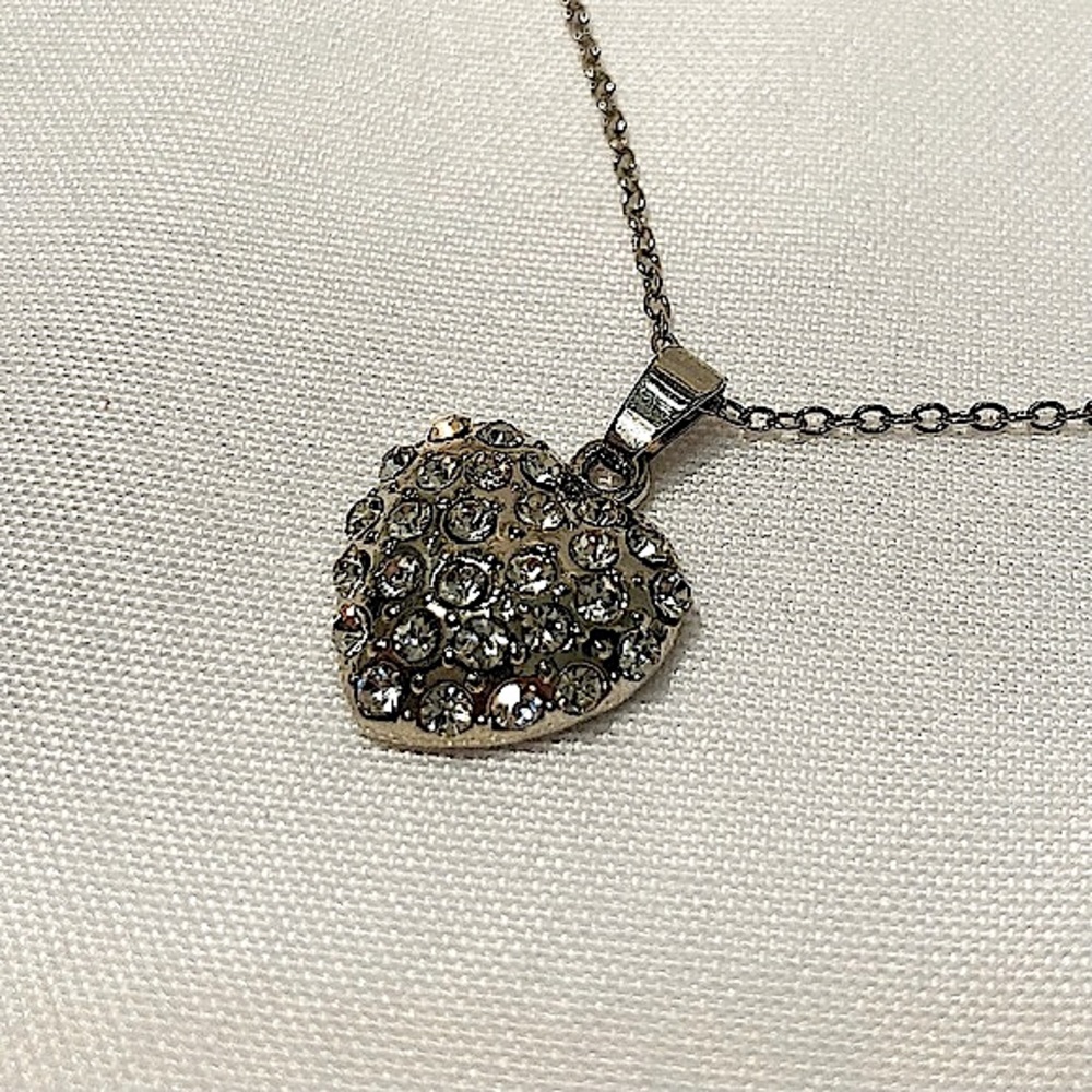 Silver Heart Necklace Rhinestone Bedazzled